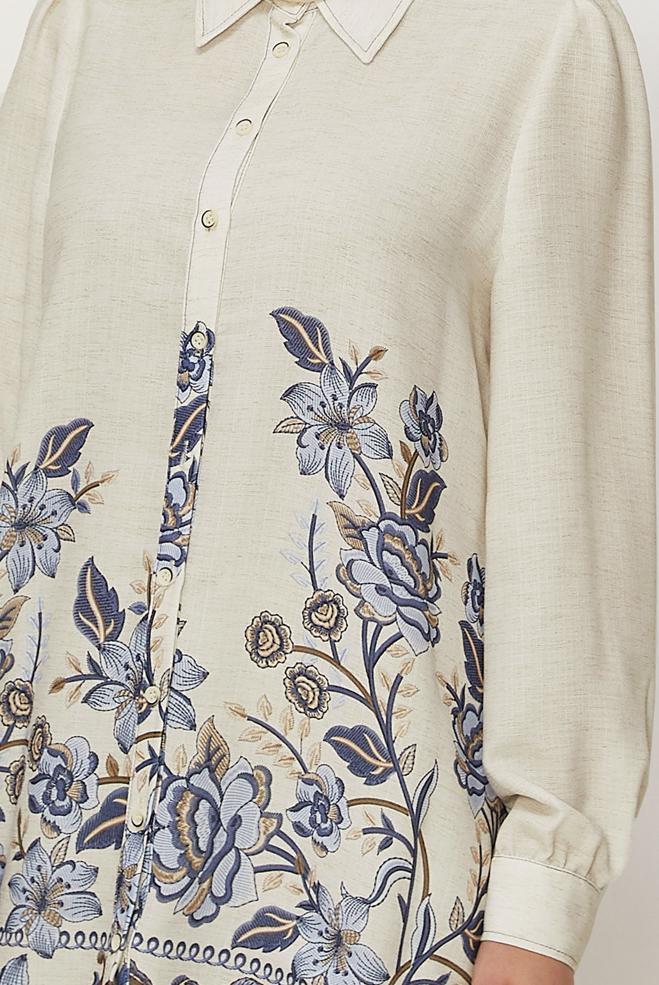 Hijab clothing NAVY BLUE PATTERNED LINEN EFFECT TUNIC 46540 - ALVİNA