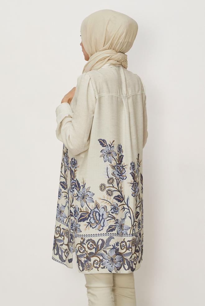 Hijab clothing NAVY BLUE PATTERNED LINEN EFFECT TUNIC 46540 - ALVİNA