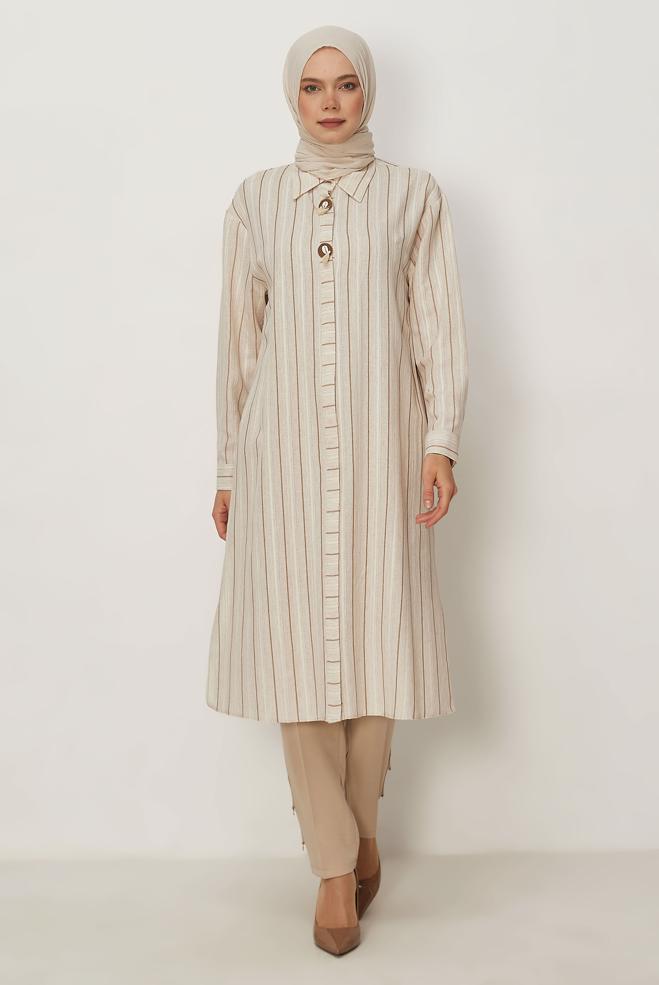 Hijab clothing BEIGE STRIPED LONG TUNIC 46541 - ALVİNA