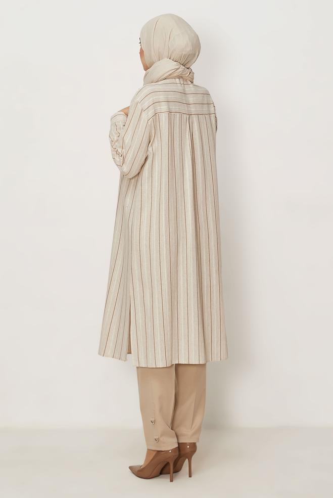 Hijab clothing BEIGE STRIPED LONG TUNIC 46541 - ALVİNA
