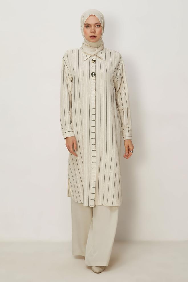 Hijab clothing KHAKI STRIPED LONG TUNIC 46541 - ALVİNA