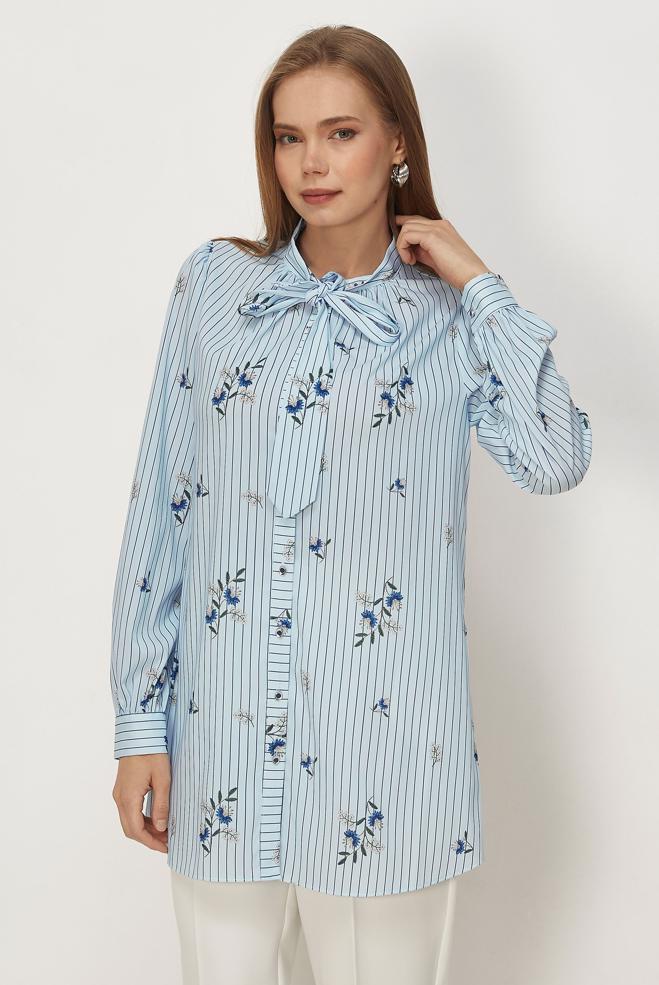 Hijab clothing BLUE PATTERNED TIED NECK TUNIC 46544 - ALVİNA