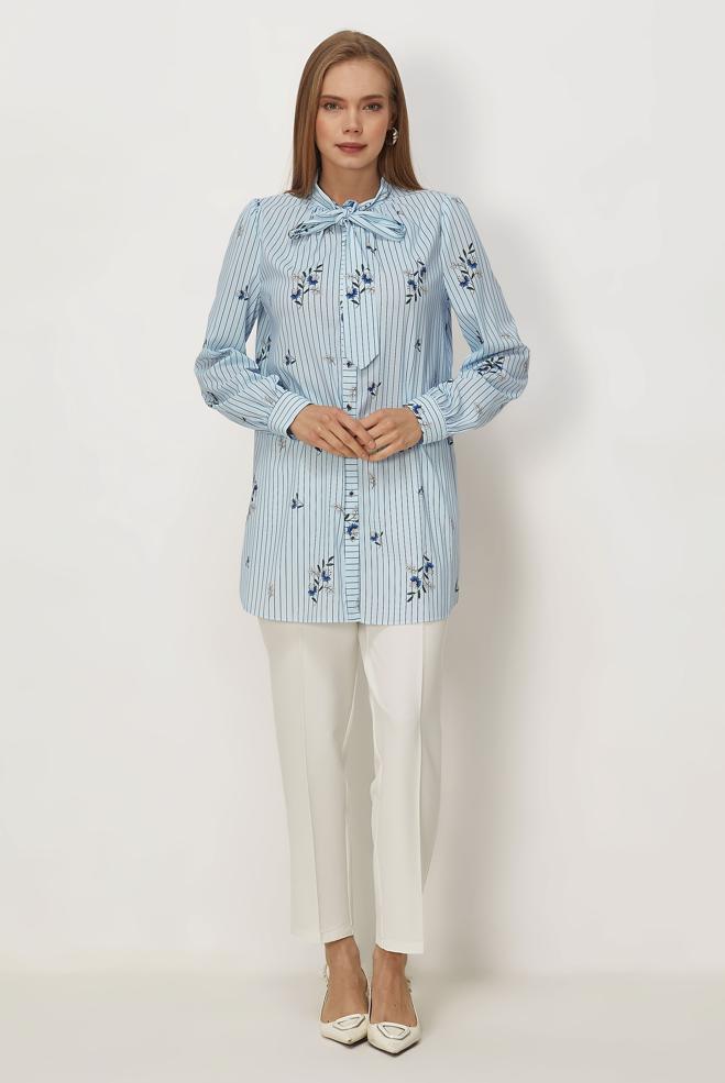 Hijab clothing BLUE PATTERNED TIED NECK TUNIC 46544 - ALVİNA