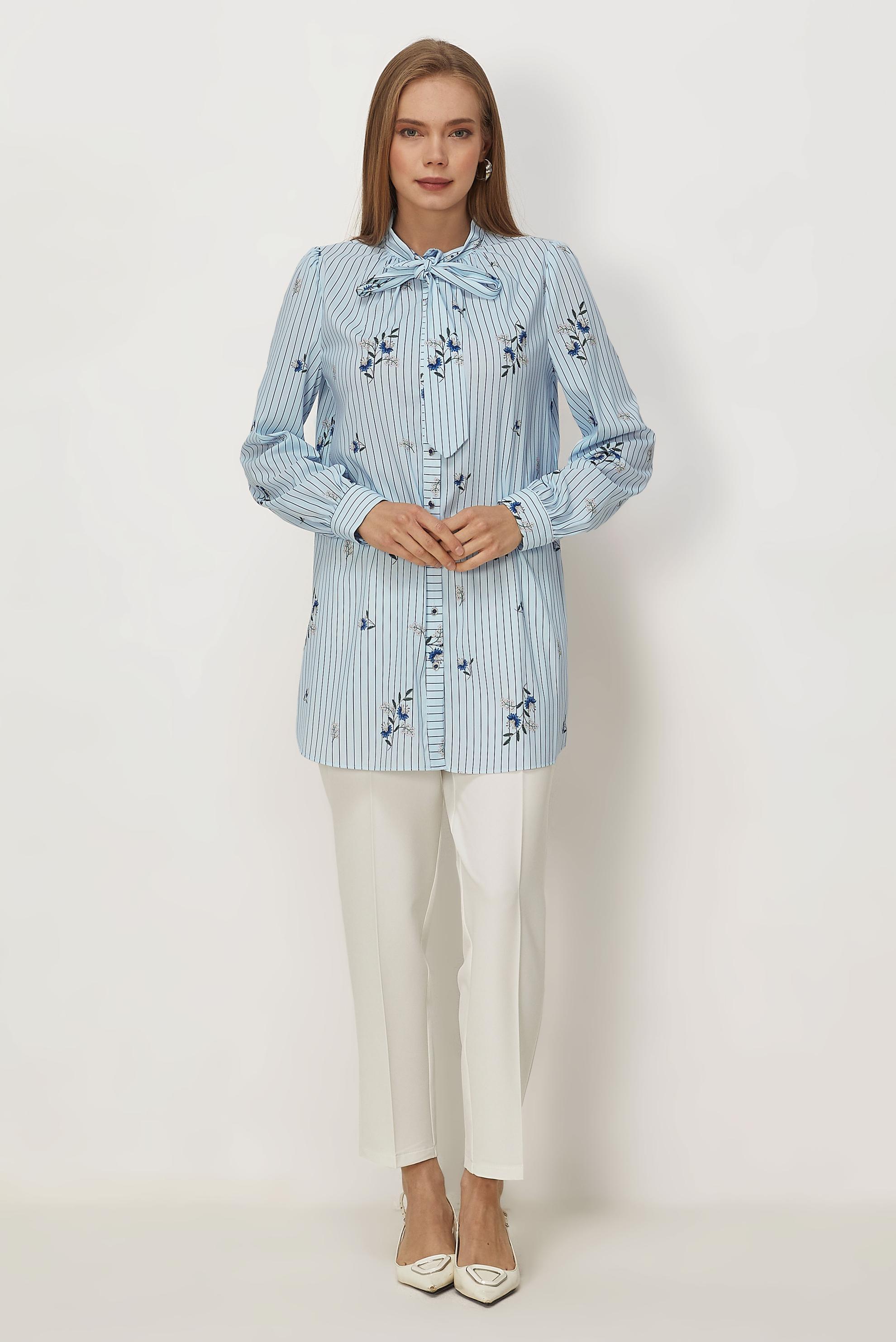 Hijab clothing BLUE PATTERNED TIED NECK TUNIC 46544