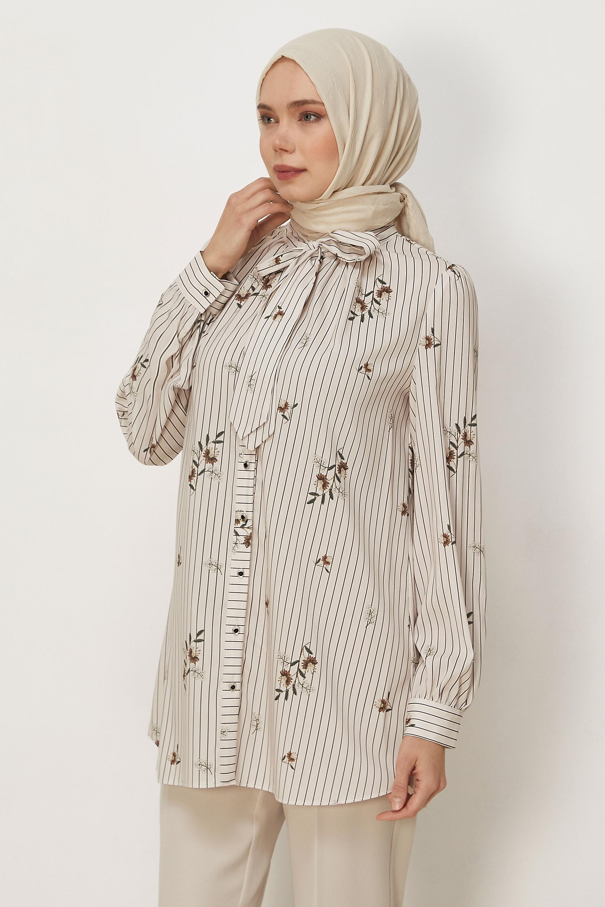 Hijab clothing ECRU PATTERNED TIED NECK TUNIC 46544