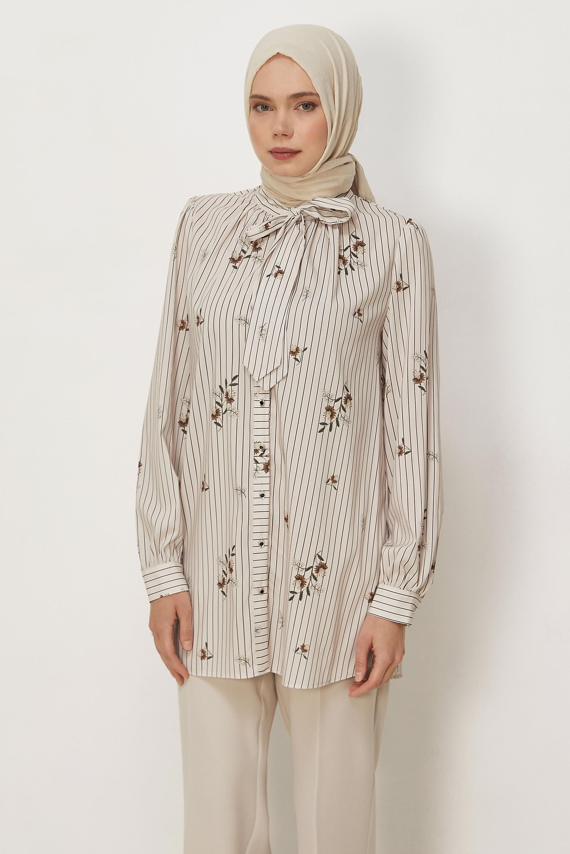 Hijab clothing ECRU PATTERNED TIED NECK TUNIC 46544