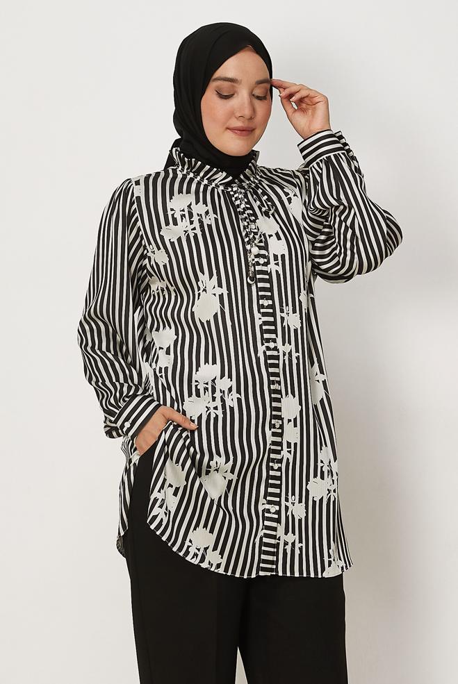 Hijab-Kleidung SCHWARZ GEMUSTERTE SATIN-TUNIKA 46548 - ALVİNA