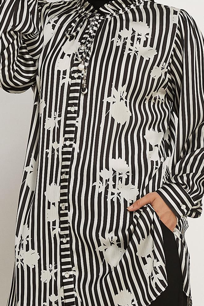 Hijab-Kleidung SCHWARZ GEMUSTERTE SATIN-TUNIKA 46548 - ALVİNA