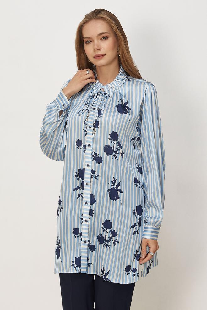 Hijab clothing BLUE PATTERNED SATIN TUNIC 46548 - ALVİNA