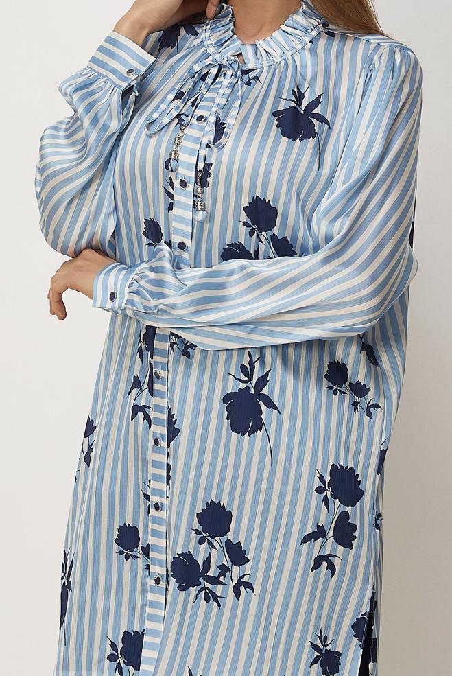 Hijab clothing BLUE PATTERNED SATIN TUNIC 46548 - ALVİNA