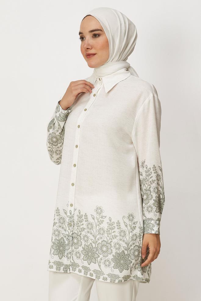 Tesettür giyim HAKİ DESENLİ GÖMLEK YAKA TUNİK 46558 - ALVİNA
