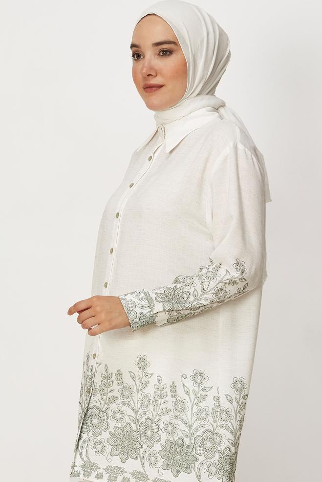 Tesettür giyim HAKİ DESENLİ GÖMLEK YAKA TUNİK 46558 - ALVİNA