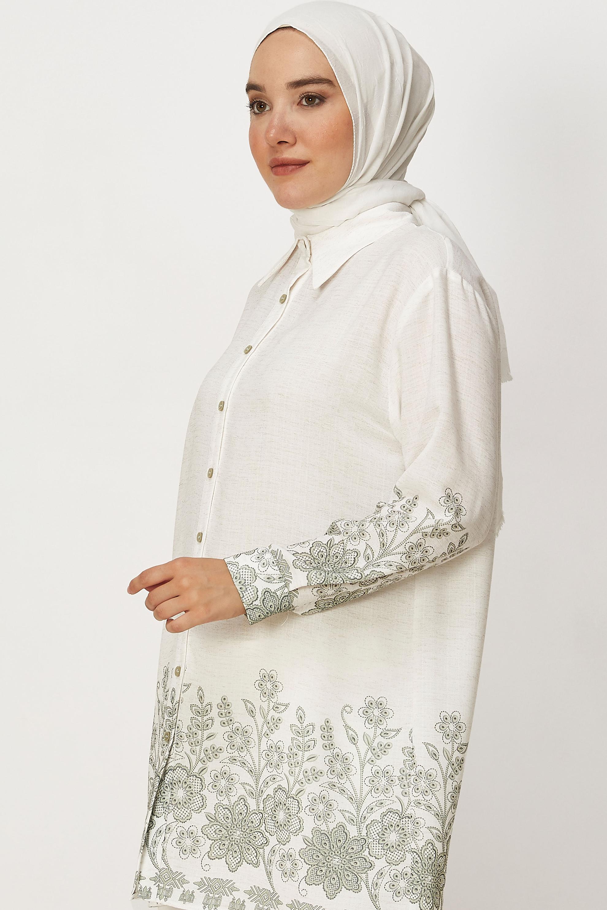 Tesettür giyim HAKİ DESENLİ GÖMLEK YAKA TUNİK 46558