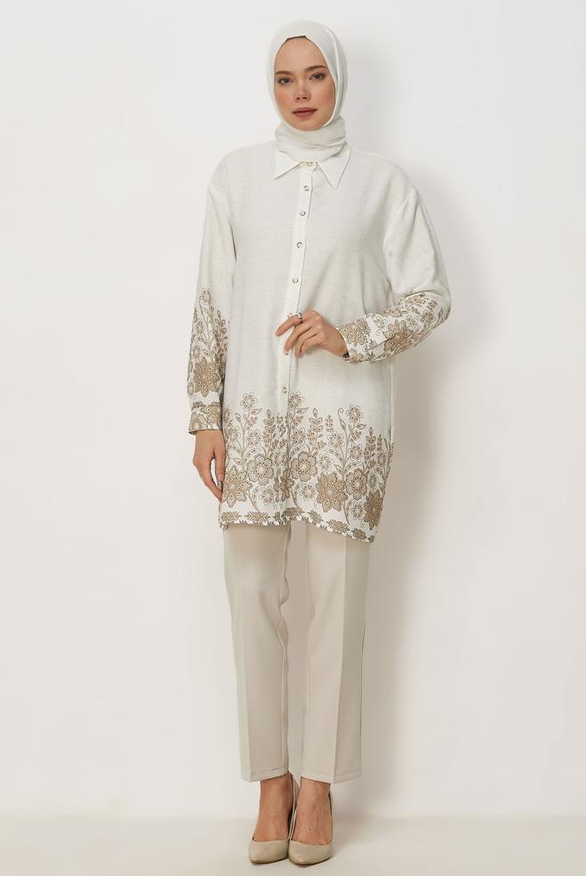 Hijab clothing BROWN PATTERNED SHIRT COLLAR TUNIC 46558 - ALVİNA