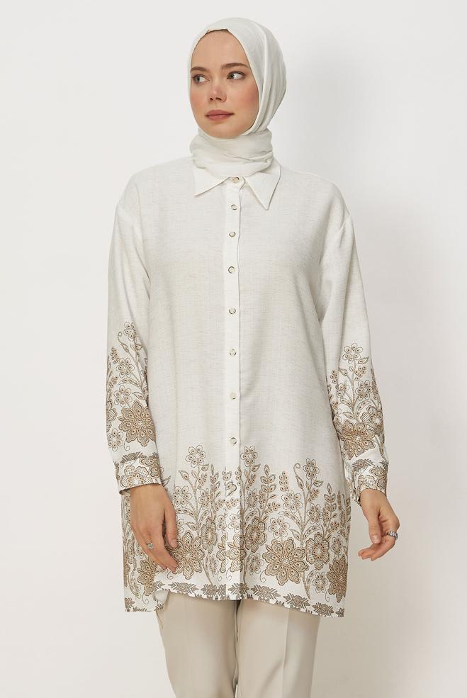 Hijab clothing BROWN PATTERNED SHIRT COLLAR TUNIC 46558 - ALVİNA