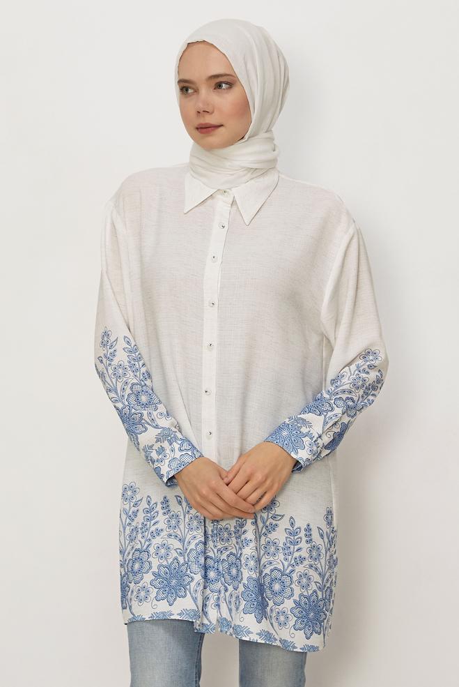 Hijab clothing NAVY BLUE PATTERNED SHIRT COLLAR TUNIC 46558 - ALVİNA