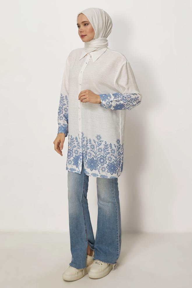 Hijab clothing NAVY BLUE PATTERNED SHIRT COLLAR TUNIC 46558 - ALVİNA
