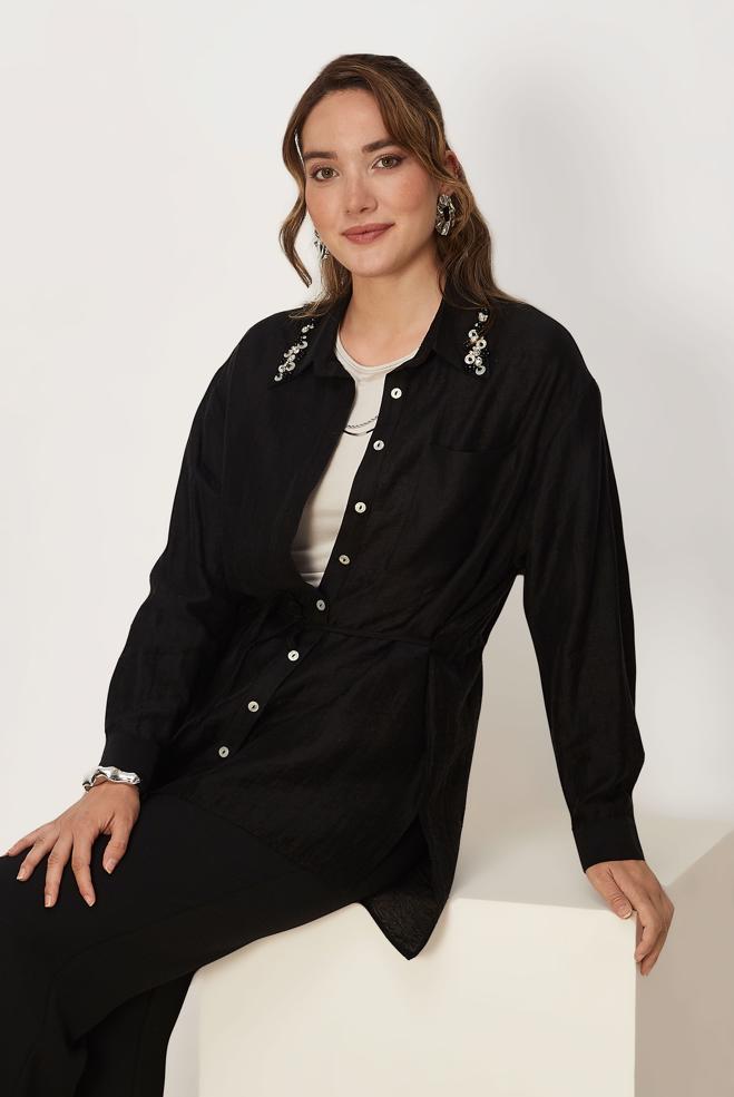 Hijab-Kleidung SCHWARZ JACQUARD-TUNIKA MIT GEBUNDENER TAILLE 46563 - ALVİNA