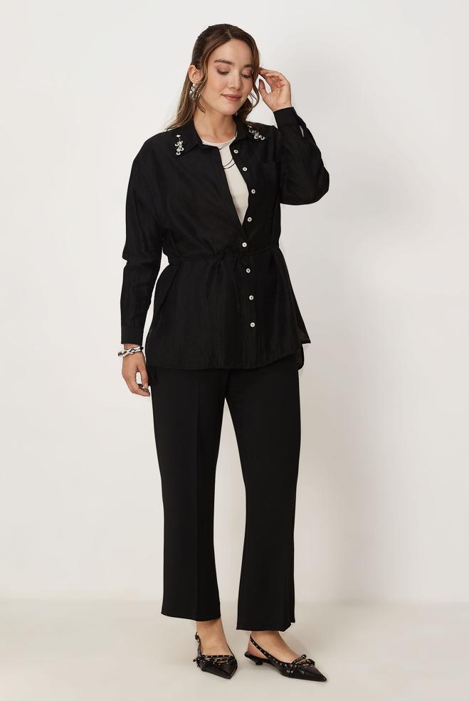 Hijab-Kleidung SCHWARZ JACQUARD-TUNIKA MIT GEBUNDENER TAILLE 46563 - ALVİNA