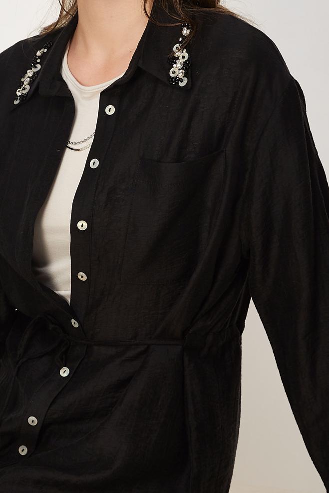 Hijab-Kleidung SCHWARZ JACQUARD-TUNIKA MIT GEBUNDENER TAILLE 46563 - ALVİNA