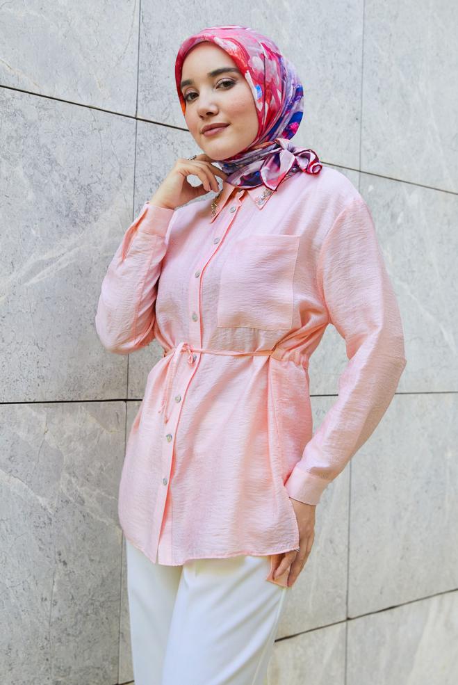 Tesettür giyim PEMBE BELDEN BAĞCIKLI JAKAR TUNİK 46563 - ALVİNA