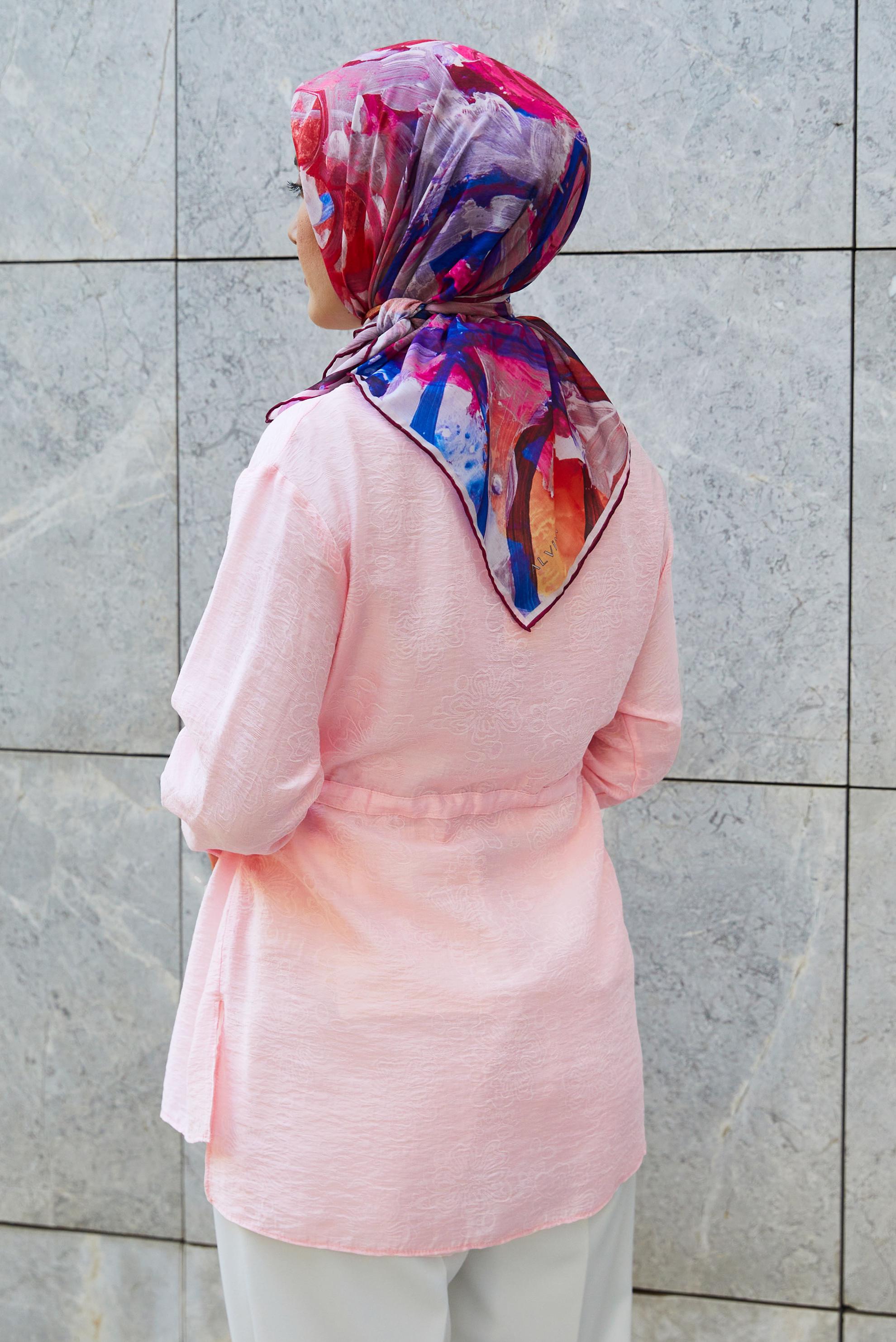 Tesettür giyim PEMBE BELDEN BAĞCIKLI JAKAR TUNİK 46563