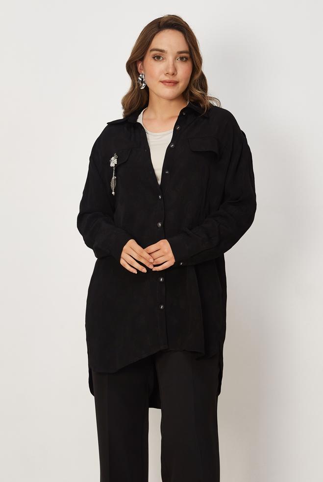 Hijab-Kleidung SCHWARZ SATIN JACQUARD TUNIKA 46565 - ALVİNA