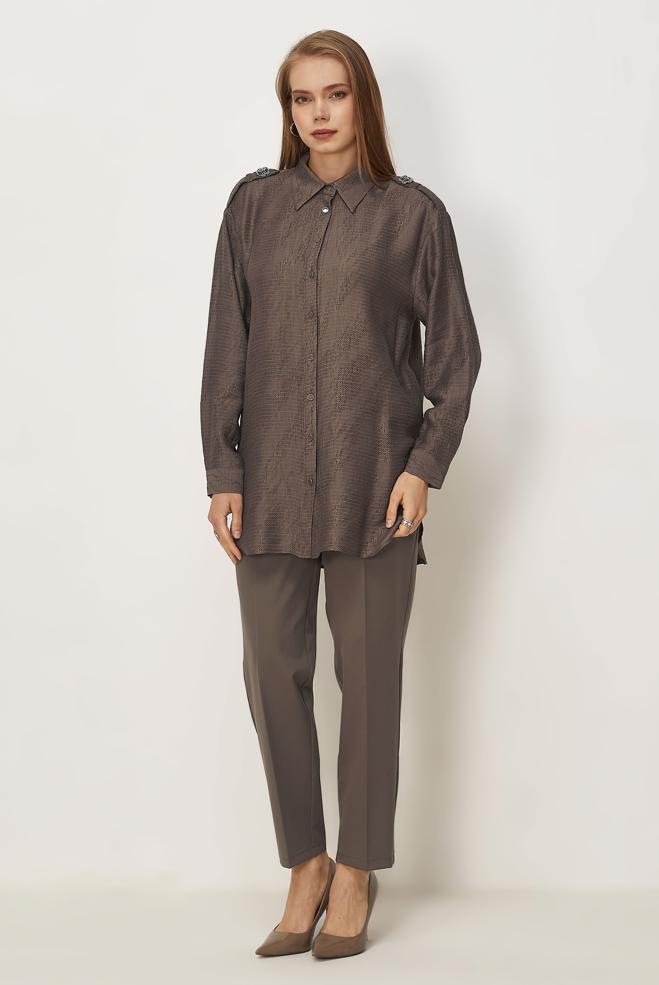 Hijab clothing BROWN SHIRT COLLAR JACQUARD TUNIC 46569 - ALVİNA