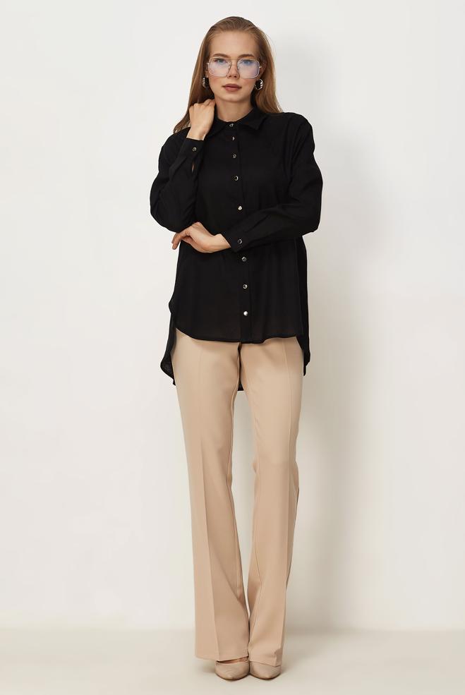 Hijab clothing BLACK SHIRT COLLAR LINEN TUNIC 46581 - ALVİNA