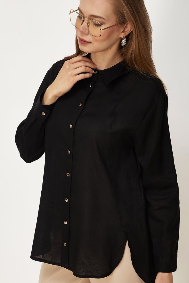 Hijab clothing BLACK SHIRT COLLAR LINEN TUNIC 46581 - ALVİNA