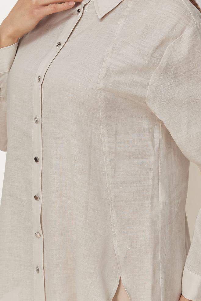 Hijab clothing BEIGE SHIRT COLLAR LINEN TUNIC 46581 - ALVİNA