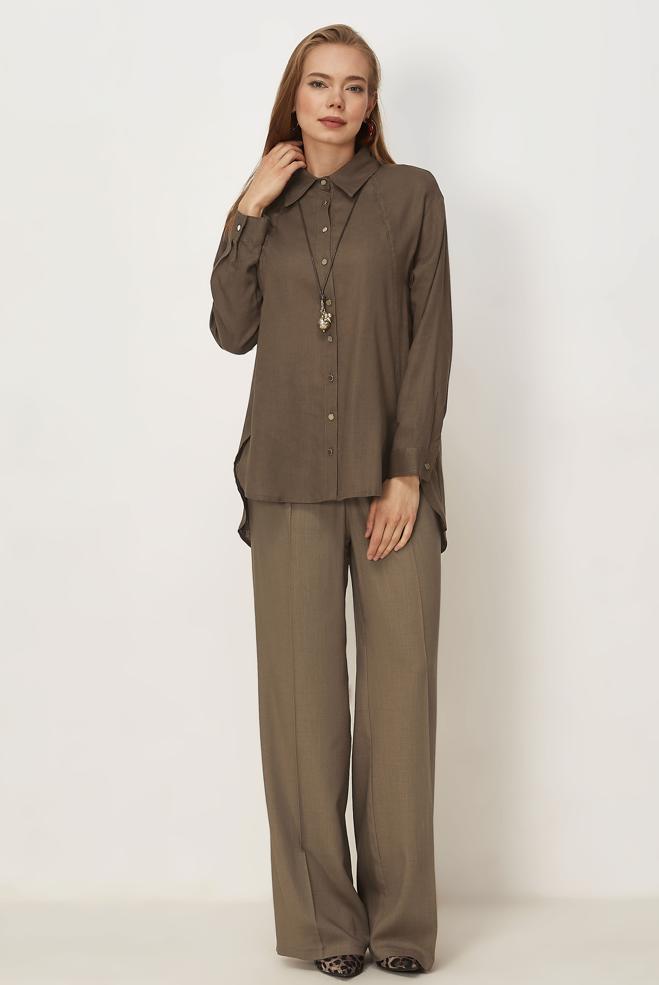 Hijab clothing BROWN SHIRT COLLAR LINEN TUNIC 46581 - ALVİNA