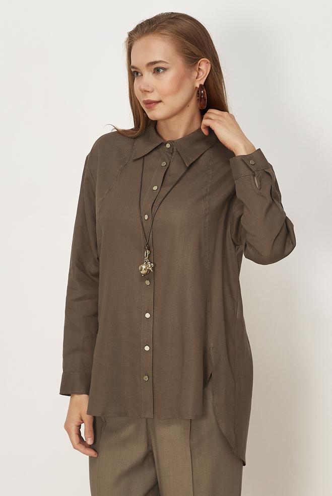 Hijab clothing BROWN SHIRT COLLAR LINEN TUNIC 46581 - ALVİNA