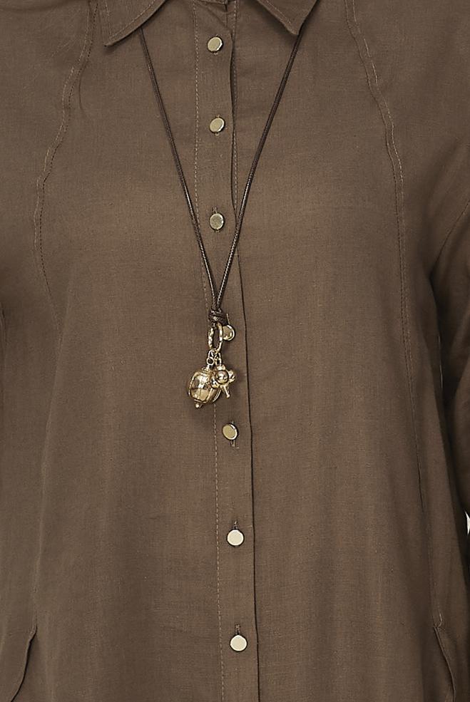 Hijab clothing BROWN SHIRT COLLAR LINEN TUNIC 46581 - ALVİNA