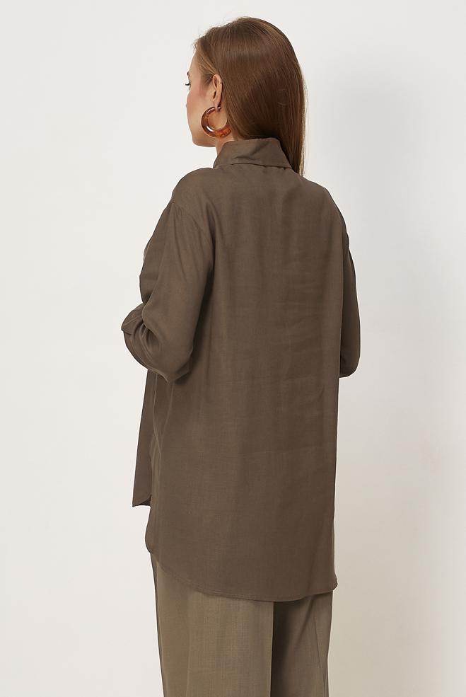 Hijab clothing BROWN SHIRT COLLAR LINEN TUNIC 46581 - ALVİNA