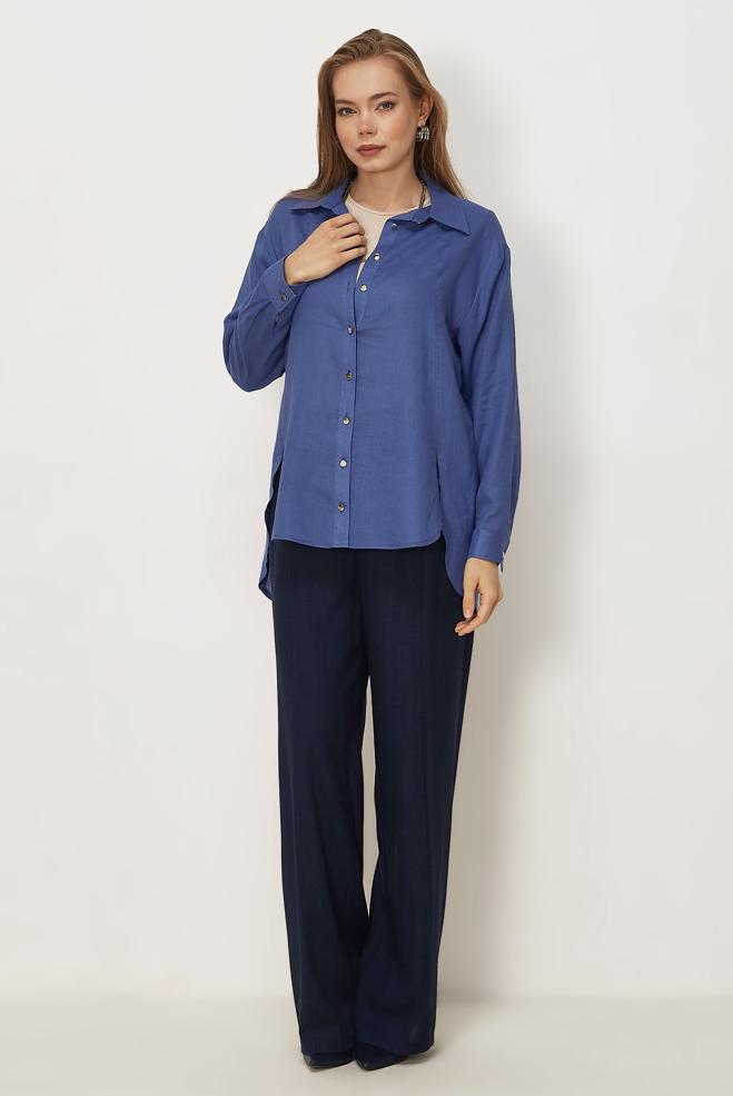 Hijab clothing NAVY BLUE SHIRT COLLAR LINEN TUNIC 46581 - ALVİNA
