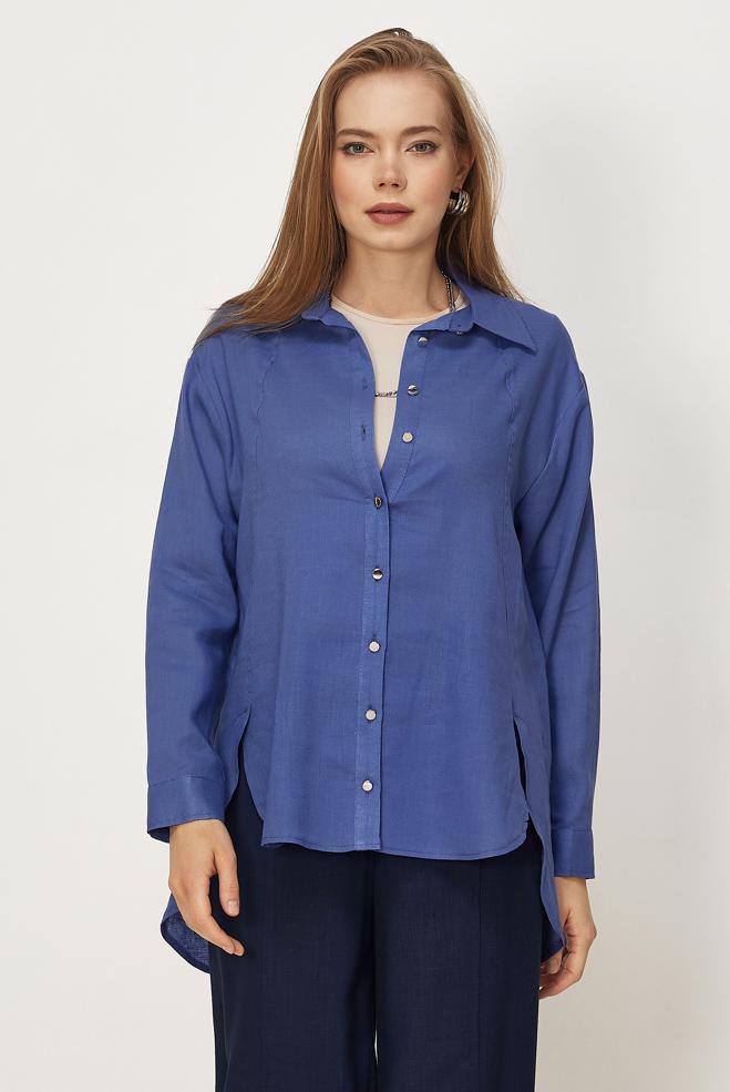 Hijab clothing NAVY BLUE SHIRT COLLAR LINEN TUNIC 46581 - ALVİNA