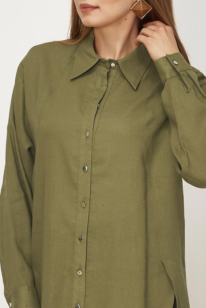 Hijab clothing BEIGE SHIRT COLLAR LINEN TUNIC 46581 - ALVİNA