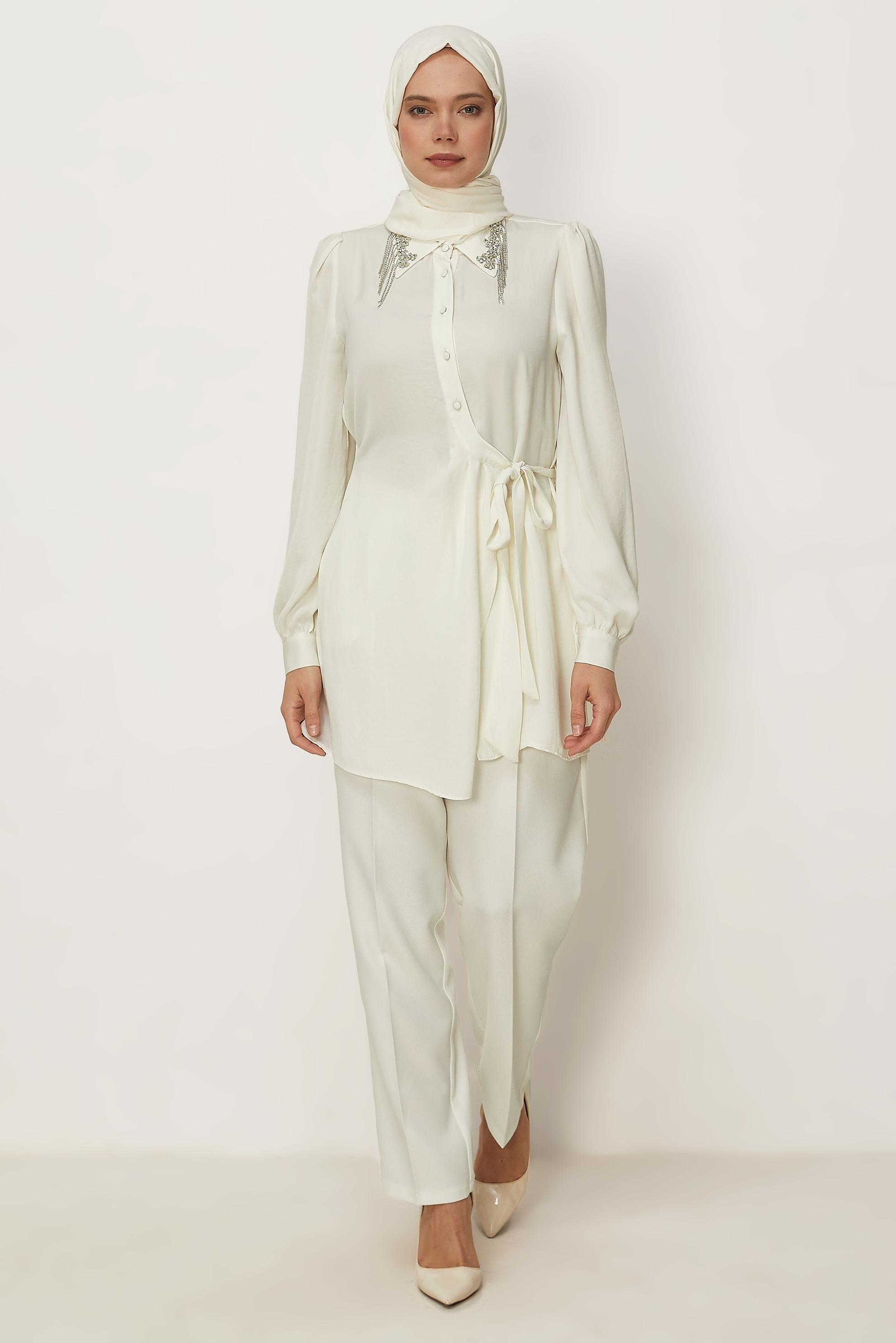 Hijab clothing WHITE BELTED GEM DETAILED TUNIC 46585
