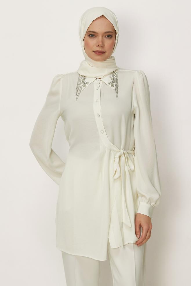 Hijab clothing WHITE BELTED GEM DETAILED TUNIC 46585 - ALVİNA
