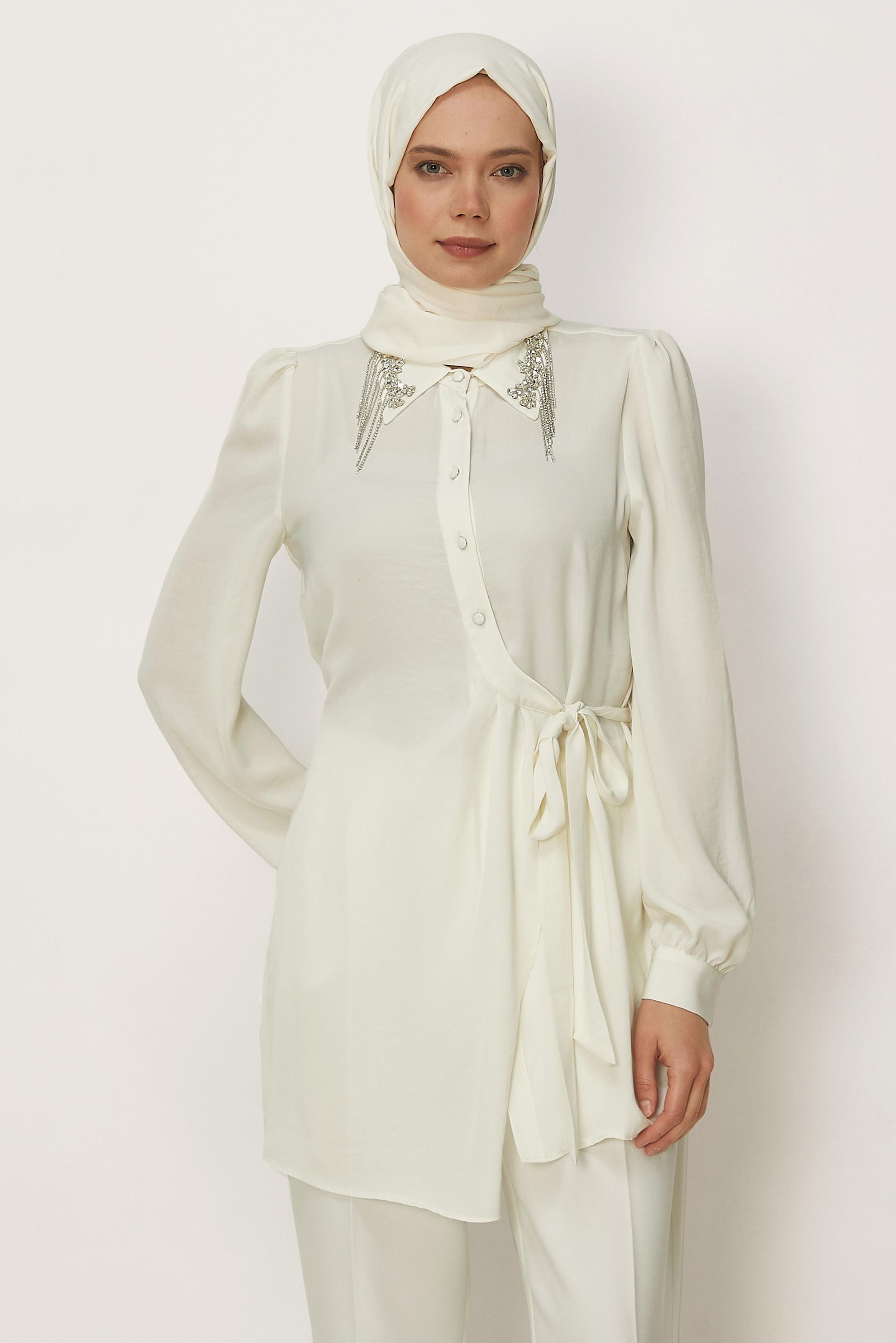 Hijab clothing WHITE BELTED GEM DETAILED TUNIC 46585
