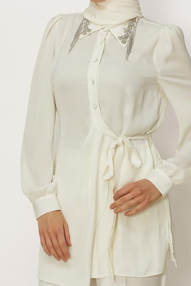 Hijab clothing WHITE BELTED GEM DETAILED TUNIC 46585 - ALVİNA