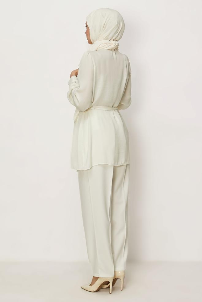 Hijab clothing WHITE BELTED GEM DETAILED TUNIC 46585 - ALVİNA