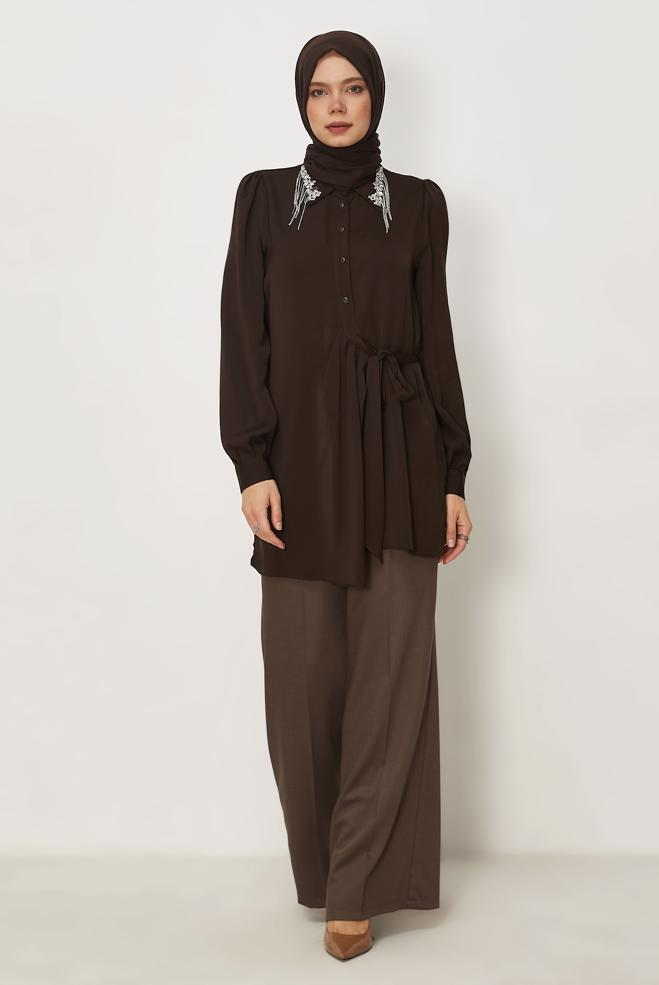 Hijab clothing BROWN BELTED GEM DETAILED TUNIC 46585 - ALVİNA