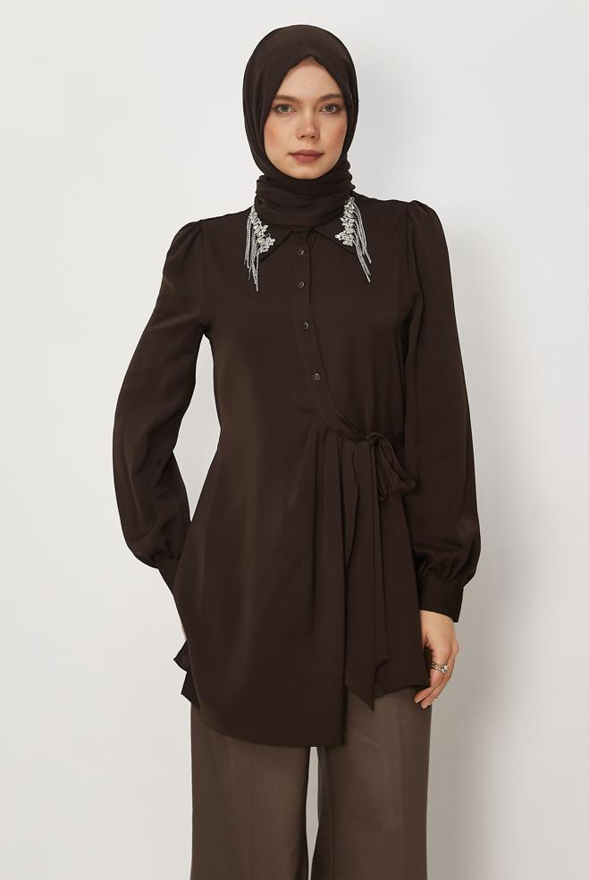 Hijab clothing BROWN BELTED GEM DETAILED TUNIC 46585 - ALVİNA