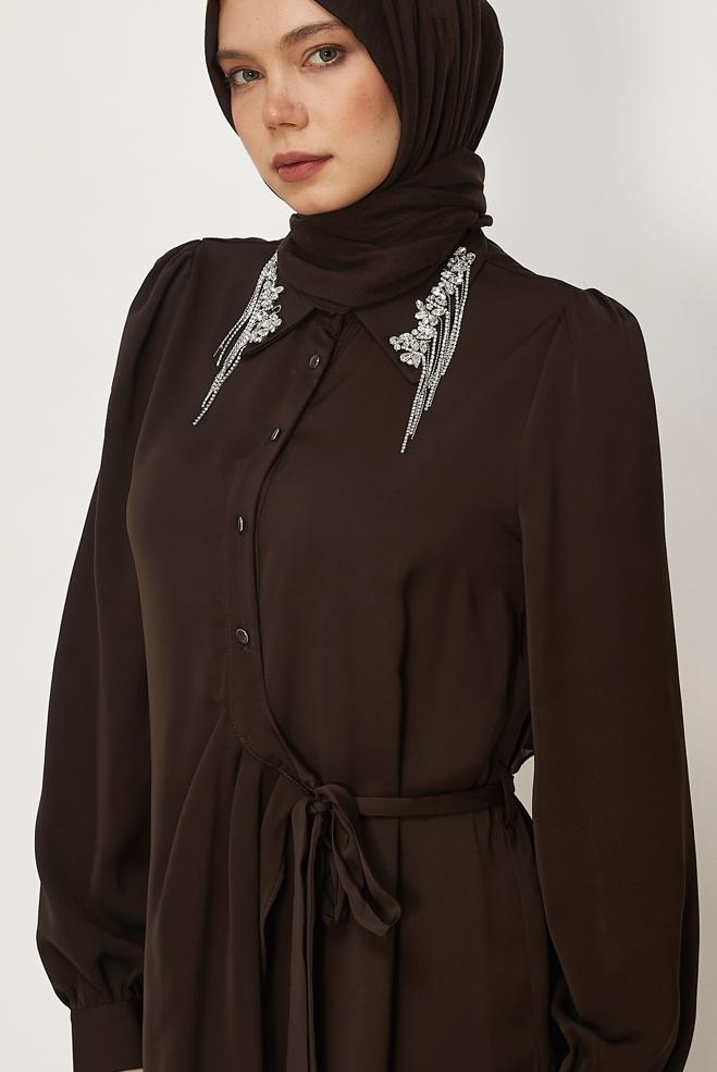 Hijab clothing BROWN BELTED GEM DETAILED TUNIC 46585 - ALVİNA
