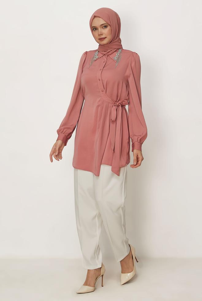 Hijab clothing POWDER BELTED GEM DETAILED TUNIC 46585 - ALVİNA