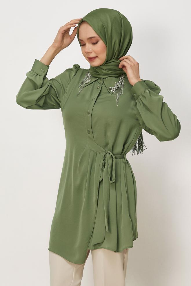 Hijab clothing BEIGE BELTED GEM DETAILED TUNIC 46585 - ALVİNA