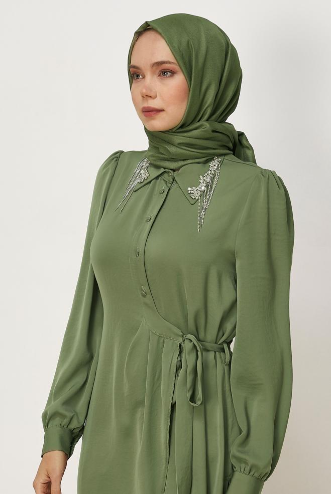 Hijab clothing BEIGE BELTED GEM DETAILED TUNIC 46585 - ALVİNA