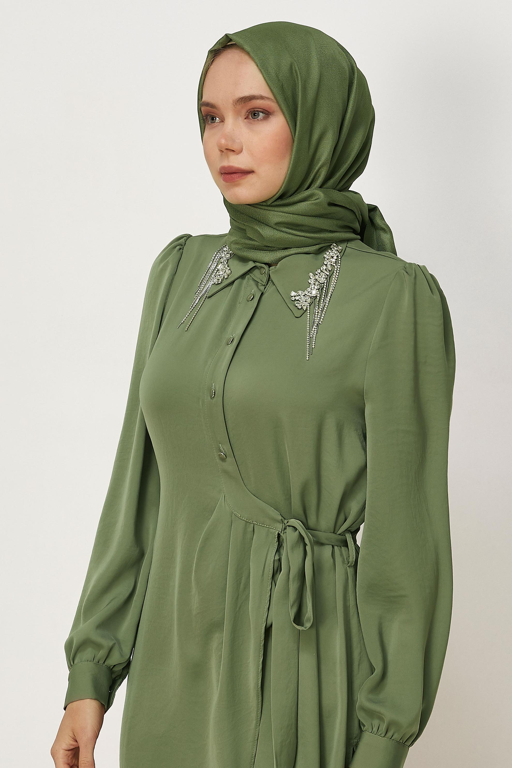 Hijab clothing BEIGE BELTED GEM DETAILED TUNIC 46585